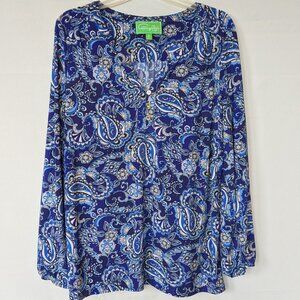 Royal Blue Paisley V-neck Long Sleeve Blouse